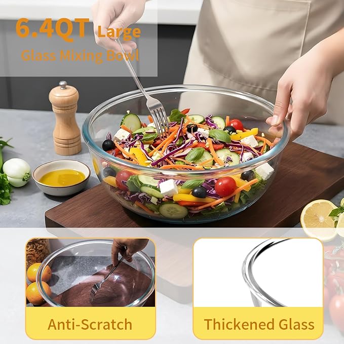 6.5Qt Extra Large Glass Mixing Bowls, Clear Large Salad Bowls,Thickened Glass Big Mixing Bowls Salad Bowls Cooking Bowl for Kitchen Prepping Storing Baking Serving, Fruit, Snacks, Borosilicate Glass