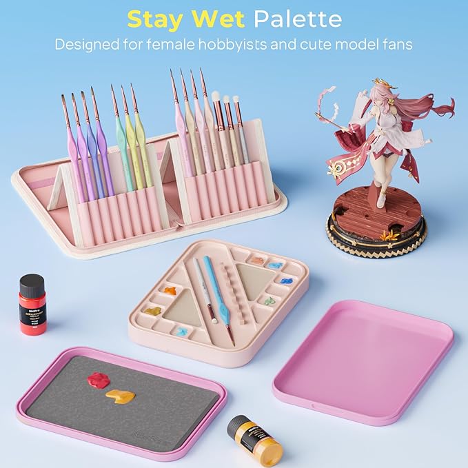 Nicpro Aesthetic Miniature Painting Kit, Stay Wet Palette & 16PCS Detail Paint Brushes Drybrush with Bag, Pallet Paper, Sponges, Mixing Paints Saver Palette for Acrylic, Paint by Numbers, Cute Figures