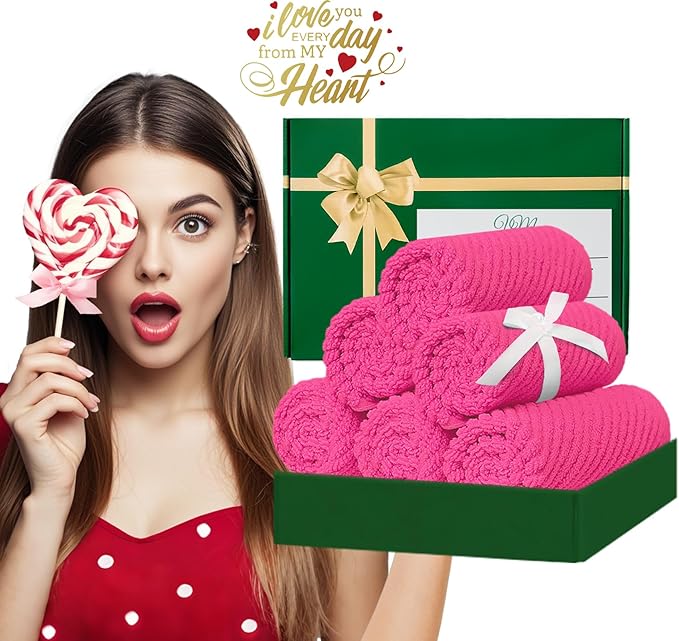 VOOVA & MOVAS Washcloths 6PC, 100% Cotton, 13x13 in, Hot Pink | Thick, Quick Dry, Soft, Absorbent, Luxury Towels For Face, Fluffy Wash Cloths, Towel Gift Set