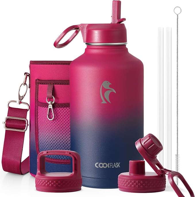 Half Gallon Water Bottle Insulated with Straw & 3 Lids, Coolflask 64 oz Water Jug Large Metal Stainless Steel Wide Mouth for Sports, Gym or Office, Non-BPA Keep Cold 48H Hot 24H, Ombre Wine/Navy