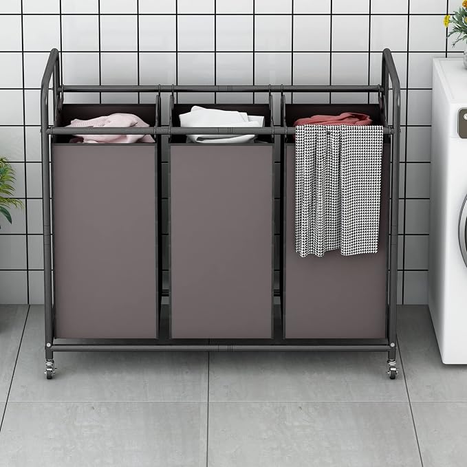 LINZINAR 3-Bag Laundry Sorter,Laundry Hamper Cart with Heavy Duty Rolling Lockable Wheels and Removable Bags (Brown) | Laundry Room Organization with Heavy Duty Rolling Lockable Wheels and Removable Bag, Bedroom Laundry Cart for Clothes Storage