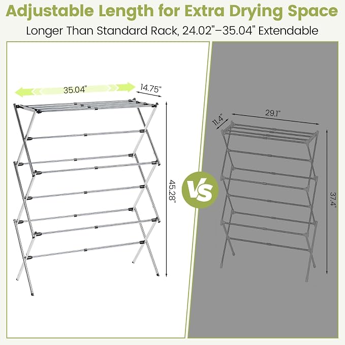 APEXCHASER Large Stainless Steel Clothes-Drying-Rack, Expandable Adjustable Width 24.76-35.51 Inch, 45.28" Height Space Saving Foldable Laundry Rack, Indoor Outdoor for Clothes Towels Shoes, Silver
