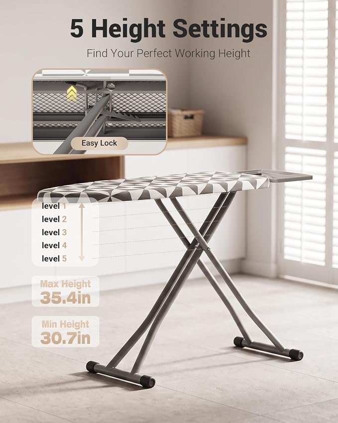 Ironing Board Full Size Wide Ironing Boards Adjustable with Cover and Pad | 5 Adjustable Heights, Feet Adjust For Uneven Floors, Cotton Cover, Large Wide Surface, Foldable Design, Thick Tube Frame