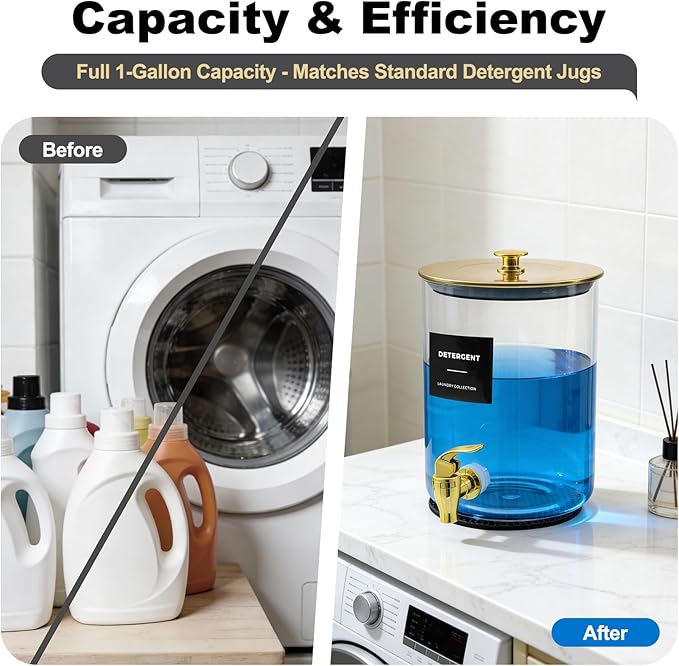 Glass Laundry Detergent Dispenser for Laundry Room Organization(2, Gold) | 1 Gallon Large Liquid Soap Dispenser with Black Metal Lid & Leak-Proof Spigot, 2 Measured Cups, 2 Silicone Mats & 9 Labels