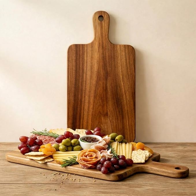 Nuenen 1 Pcs Wood Cutting Board with Handle Acacia Bamboo Wooden Serving Kitchen Chopping Boards for Pizza, Bread, Cheese, Charcuterie, Fruit, Vegetables (15.7 x 7.8 Inch,Acacia)