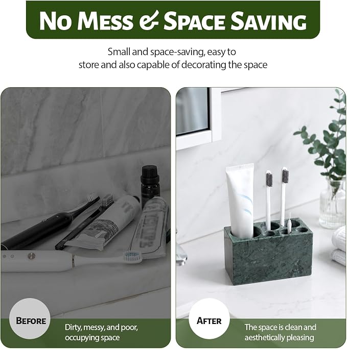 BCS Toothbrush Holder for Bathrooms, 6 Slots Open-Bottom Marble Toothbrush Organizer, Makeup Brush Stand Toothbrush Storage Collection for Bathroom Countertop Vanity Organization - Indian Green