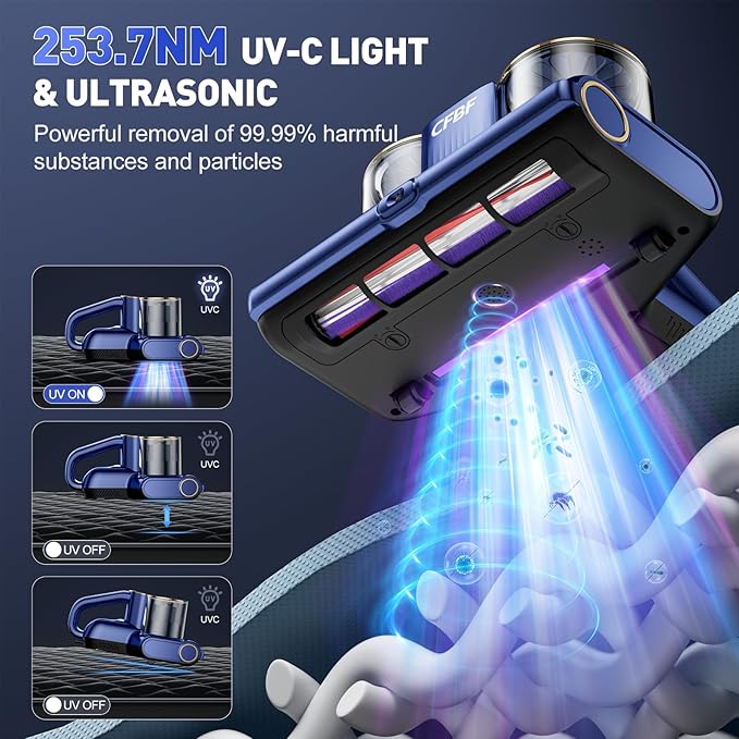 CFBF Mattress Vacuum Cleaner, Bed Vacuum Cleaner with 16Kpa Suction 253.7nm UV-C Light, Ultrasonic & High Heating, 500W Powerful Double-Cup Handheld Vacuums for Bed, Sofa, Couch, Crib, 16.4FT Corded