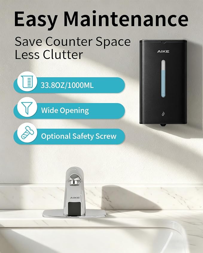 AIKE Heavy Duty Automatic Soap Dispenser,33.8oz for Bathroom,Matteblack | 5-Level and Savety Key for Commercial(4*AA Batteries Not Included),Screw Wall Mount for Space-Saving,Stainless Steel AK1207