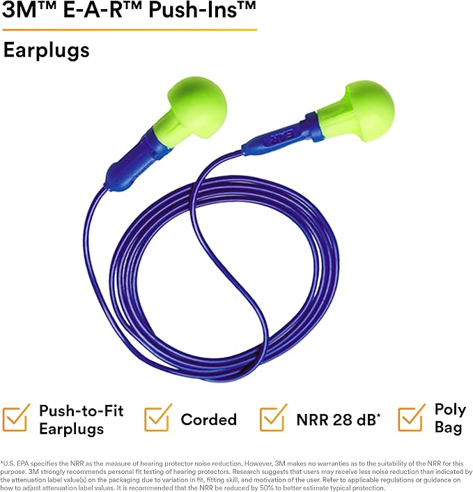 3M E-A-R Push-Ins Earplugs 318-1001, Corded, Poly Bag 100-Pair