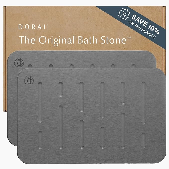 Dorai Home Stone Bath Mat Set - Premium Diatomaceous Earth Bath Floor Mats with Non-Slip Base, Fast-Drying Modern Shower Mat for Bathroom | Rain Slate, 2 Pack - 23.6"x15.4"