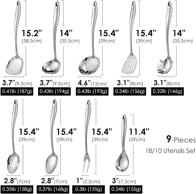 304 Stainless Steel Kitchen Utensil Set - 9 PCS Serving Utensils, Cooking Utensil, Solid Spoon, Slotted Spoon, Fork, Spatula, Ladle, Skimmer Spoon, Slotted Spatula Tunner, Spaghetti Spoon, Large Spoon | All Metal Spatula Spoon Set - Turner, Ladle, Skim...