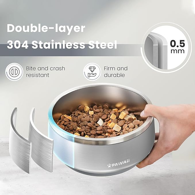 Pawaii Dog Bowl,68 oz Stainless Steel Food and Water Bowl,ID Tag,1 Pack | Double-Wall Design,Non-Slip Rubber Base,Dishwasher Safe,Smooth Open Design, Not a Slow Feeder,Easy-Rinse Interior