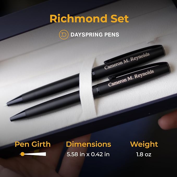 Dayspring Pens Richmond Engraved Ballpoint Pen and 0.7mm Pencil Set, Matte Black, Parker G-2 Compatible Ink, Personalized Gift for Graduation, Career Advancement, New Job, Birthdays, Gift Box Included