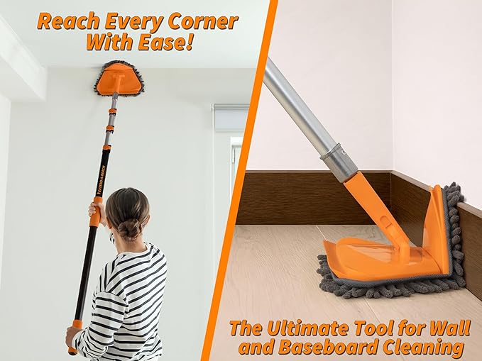 5-8 ft Wall Cleaner Tool with Extension Pole // 3-in-1 Wall Washer Mop for Painted Walls, Baseboards, Windows and High Ceilings // Long Handle Wall and Baseboard Cleaning Mop with 4 Replacement Pads