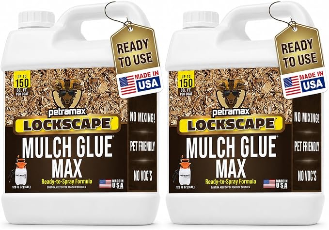 PetraMax Lockscape Mulch Glue for Landscaping, (Made in USA) - Pet-Safe Landscape Adhesive for Pine Straw, Wood Chips - Ready to Spray Mulch Anchor & Landscape Glue Spray for Lawns & Patios (2 Gallon)