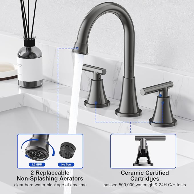 Bathroom Faucets for Sink 3 Hole, Hurran 8 inch Widespread Brushed Grey Bathroom Sink Faucet with Pop-up Drain and Supply Hose, Stainless Steel Lead-Free Faucet for Vessel Sink Vanity RV