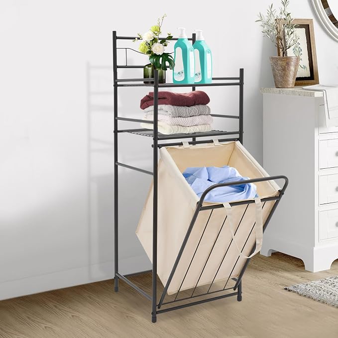 Laundry Hamper with Storage Shelf Vertical Laundry Basket with Pull-Out and Removable Bag Metal Hamper with 2 Storage Shelves for Bathroom Bedroom Dorm