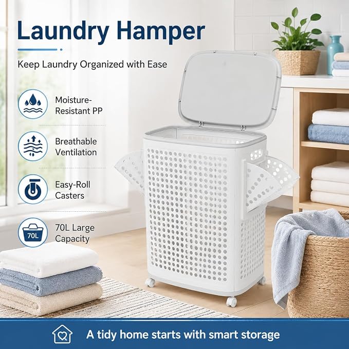 Laundry Hamper with Wheels, 70L/18.5Gal Large Capacity Collapsible Laundry Basket, Portable Rolling Laundry Bin with Lid & Handle, Side Hanging Baskets for Bedroom, Bathroom, Dorm (White)