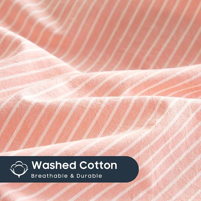 Wake In Cloud - Striped Cotton Duvet Cover Set, 100% Washed Cotton Textured Bedding Set, Ticking Stripe Pinstripe Farmhouse, 3 Pieces, Light Pink, Queen Size