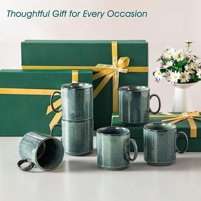 vancasso STARRY Ceramic Coffee Mugs Set of 6, 12 Oz Coffee Cups for Latte, Cappuccino, Tea & Hot Cocoa, Artisan Modern Style for Coffee Bar, Home & Kitchen, Microwave & Dishwasher Safe, Green