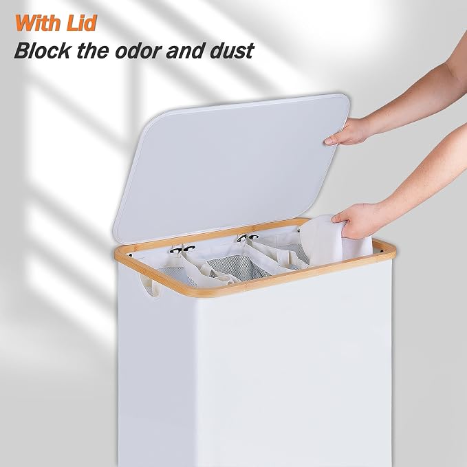 efluky Laundry Hamper with Lid, Trio Laundry Basket with 2 Removable Bags, 3 Section Laundry Bin with Bamboo Handles for Bathroom, Bedroom & Laundry Room, 160L (42.3 Gallon) White