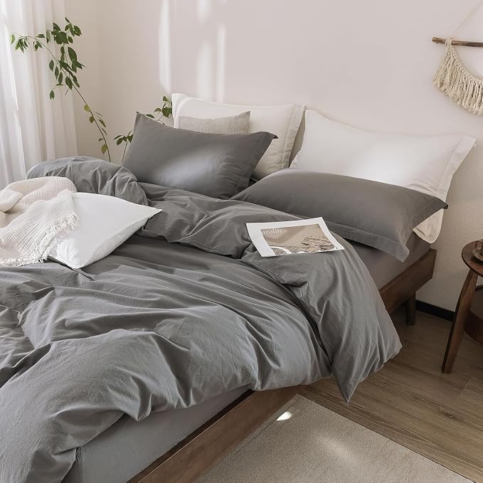 Dark Grey Duvet Cover Oversize Queen Size Bedding Set Cover 100% Washed Cotton Duvet Cover with Zipper Closure and 2 Pillowcases, 98inch x 98inch