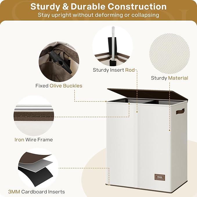 SOLEDI Luxury Double Laundry Hamper with Lid and Removable Bags, 38.3 Gal Large Laundry Bin, Laundry Basket 2 Sections, Collapsible Clothes Hamper for Bedroom, Laundry Room, Bathroom, Off-white