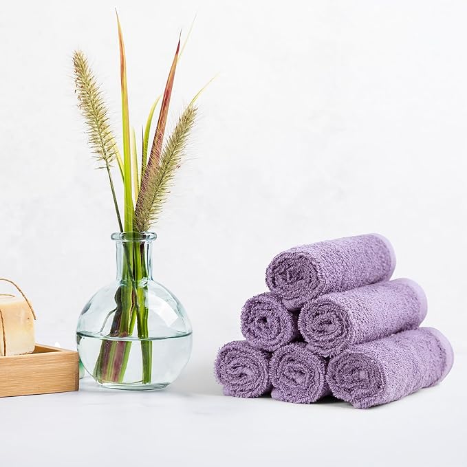 Amazon Basics Highly Absorbent, Fast Drying 100% Cotton Washcloths for Bathroom, Machine Washable, 12 x 12 inches, Lavender, 24-Pack