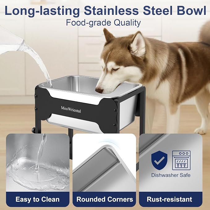 2.5 Gallon Adjustable Elevated Dog Water Bowl, Raised Stainless Steel Large Dog Bowl with 4 Height(11-17")， Full Metal Feeding Station for Relief Joint Pressure, Easy to Clean, Indoor & Outdoor