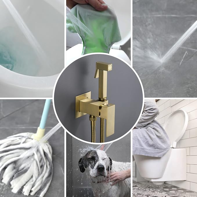 SHAMANDA Warm Water Bidet Sprayer for Toilet with Hot and Cold Brass Rough-in Valve, Stainless Steel Handheld Bidet Attachment Set for Feminine, Pets and Baby Diaper Wash, Brushed Gold, BDS08-3