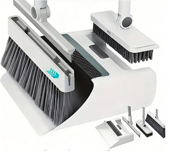 4-in-1 Broom and Dustpan Set with Floor Scrubber & Squeegee, 180° Rotatable Head, Self-Cleaning Teeth, Non-Stick Hair, Foldable Storage, Heavy Duty Cleaning Kit for Home Kitchen Office (White)
