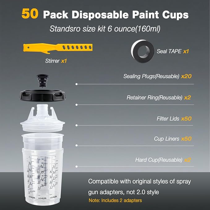 Disposable Paint Cups 6 Ounce Kit - 50 Pack Liners & 125-Micron Lids | 2 Adapters, 2 Paint Gun Cups with Retainer Ring, 20 Plugs, 1 Paint Stirrer, 1 PTFE Tape for Hvlp/Lvlp Spray Gun