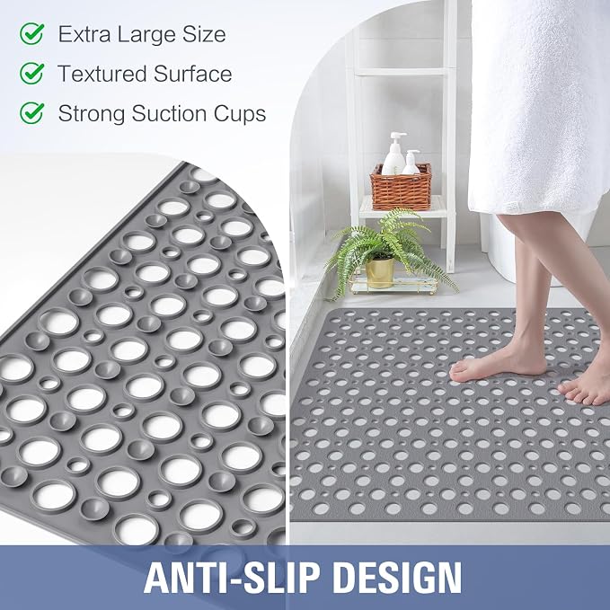 OTHWAY Large Shower Mat, 35"x 24" TPE Shower Mat Non Slip, Heavy Shower Floor Mat with Drain Holes and Suction Cups, No Odor Shower Mats for Inside Shower for Elderly Bathroom(D-Grey)
