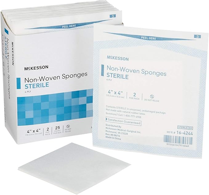 McKesson Non-Woven Sponges, Sterile, 4-Ply, Polyester/Rayon, 4 in x 4 in, 2 per Pack, 600 Packs, 1200 Total