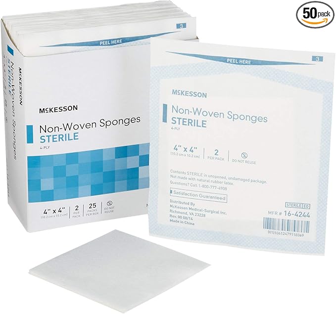 McKesson Non-Woven Sponges, Sterile, 4-Ply, Polyester/Rayon, 4 in x 4 in, 2 per Pack, 25 Packs, 50 Total