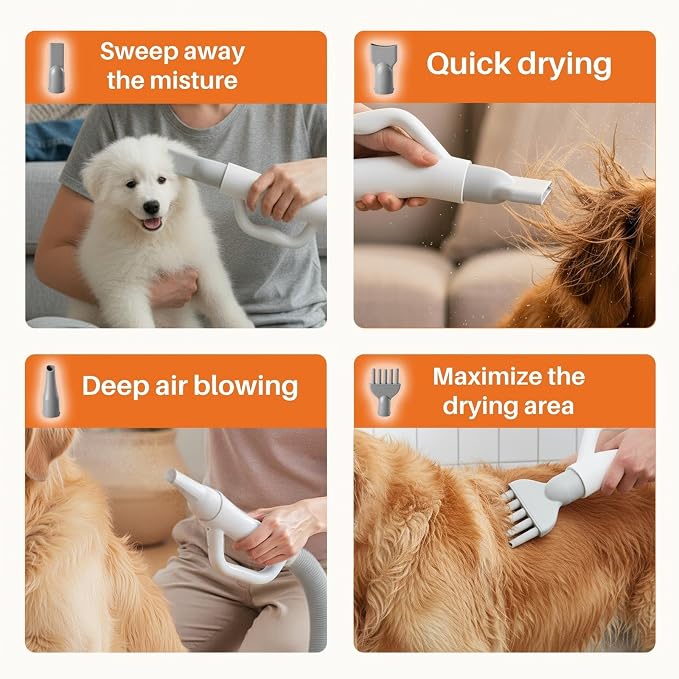 NEWBULIG Dog Hair Dryer, 1550W High Velocity Pet Blow Dryer with Heater for Grooming, Speed Temperature Adjustable Dog Blower Grooming with 4 Nozzles, White