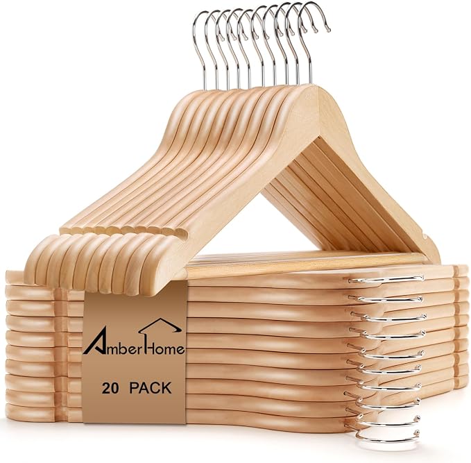Amber Home 20 Pack Wooden Coat Hangers, Natural Wood Suit Hangers with Non-Slip Pant Bar, Clothes Hangers for Closet Organization, Shirts, Jackets, Dresses, and Pants (Natural, 20)