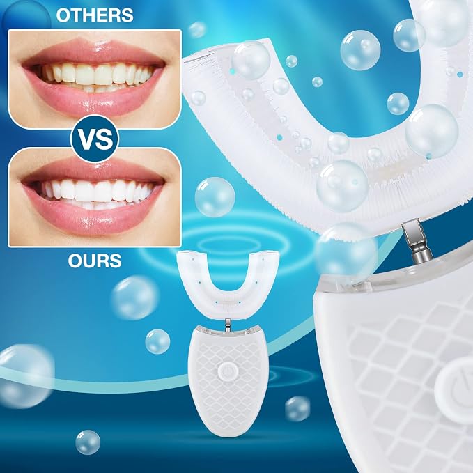 U Shaped Automatic Toothbrushes 360 Degree Ultrasonic Electric Toothbrush for Adults, 2 Pack, Black White(No Base)