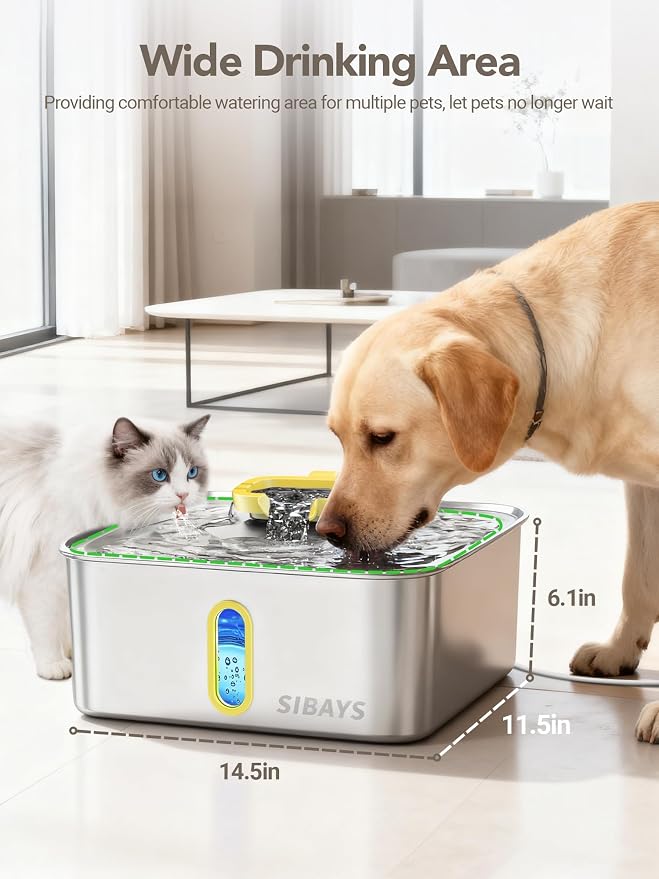 SIBAYS 4Gal/15L Stainless Steel Large Dog Water Fountain, Ultra Quiet Automatic Pet Water Fountain, Dog Water Bowl Dispenser with Water Level Window and LED Light, Easy to Clean(FS78, Silver-Yellow)