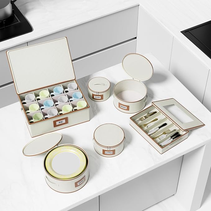Aokeyee 6-Piece China Storage Containers Set, Hard Shell Moving Boxes for Dishes, Plates, Mugs & Flatware – Dinnerware Organizer with Soft Felt Dividers, Sturdy Handles & Zippers, Ivory