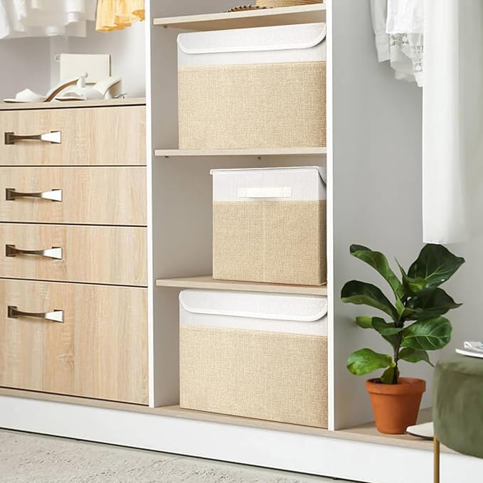 Bagnizer Large 17" 42 Quarts Collapsible Stackable Storage Bins with Lids [3-Pack] Foldable Fabric Linen Storage Boxes Cube, Closet Organizer Baskets with Label (16.7 x 12 x 12, Beige & White)