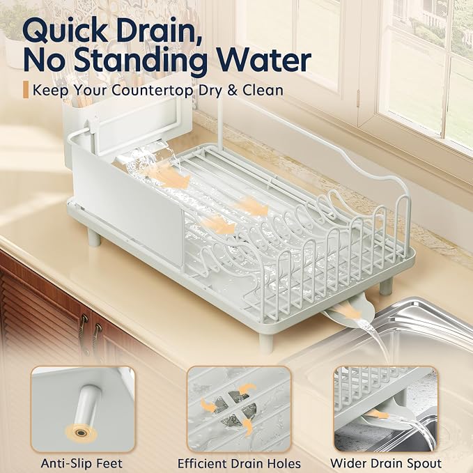 KINGRACK Dish Drying Rack for Kitchen Counter, Dish Drainer with Cup Holder | 16.9"L x 12.4" W Dish Rack with Spacious Drying Capacity, Quick Auto Dish Drainer for Plate Dish Dinnerware, Pale Green