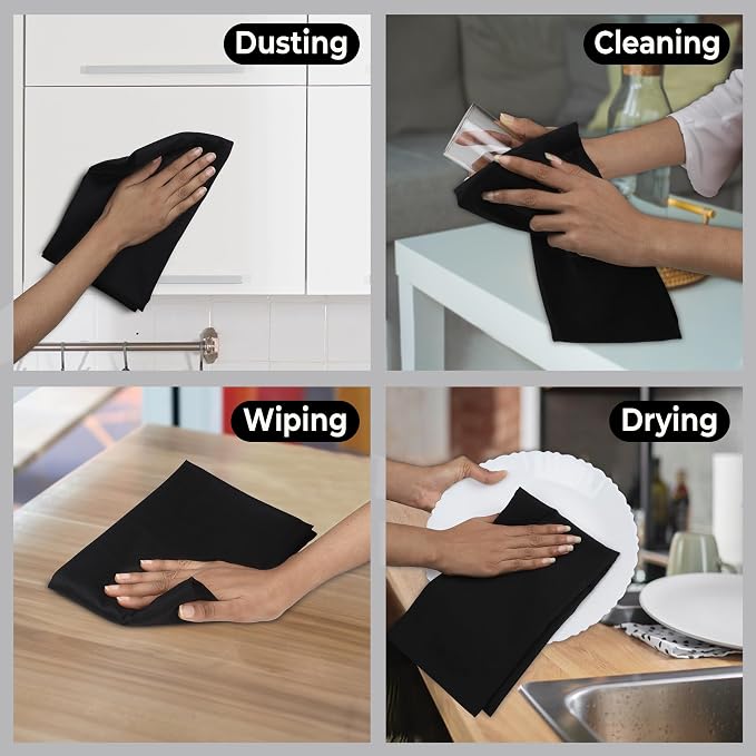 Urban Villa Kitchen Towels 100% Cotton Dish Towels for Kitchen(Set of 3)20”x30” Dish Cloths Highly Absorbent Kitchen Linen Set with Hanging Loop Perfect for Drying Dishes Cleaning Hand Towels – Black