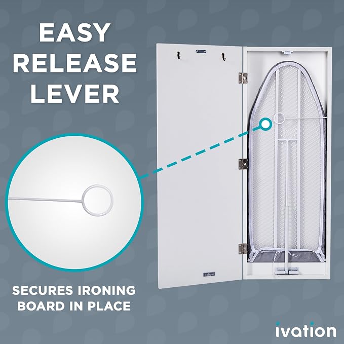Ivation Wall-Mounted Swivel Ironing Board Cabinet, Foldable Ironing Storage Station for Home, Apartment, Easy-Release Lever, Garment Hooks, White