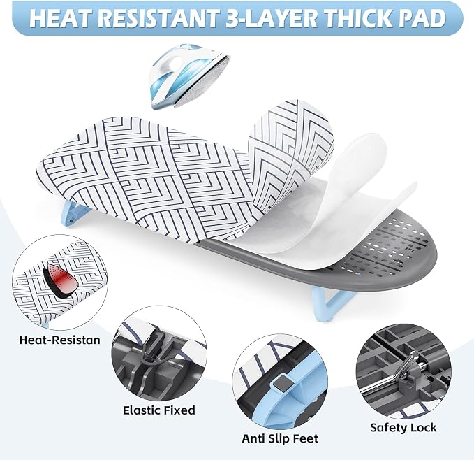 Foldable small ironing board tabletop, Mini iron board small, Table top mini ironing boards small with cover and pad, Folding compact portable iron and ironing boards set for travel, 12*32 Snow White