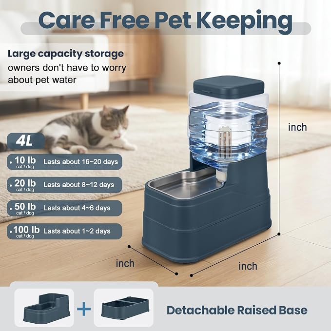 Automatic Cat Water Dispenser Gravity Stainless Steel Water Feeder Dog Waterer Feeder with Wide Mouth Bowl for Small Medium Dog Puppy Kitten (Filter &Ice Pack Included) 1Gallon Navy