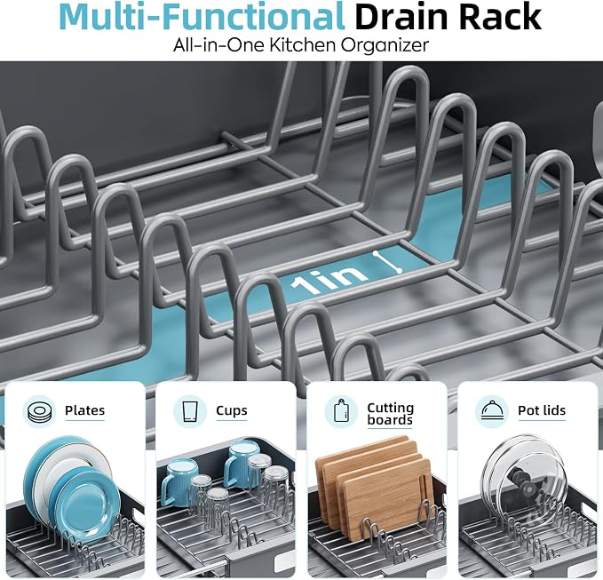 TOOLF Extendable Dish Drying Rack for Small Kitchen Counter, Gray | 12.8-20.35 in, Unique Stainless Steel Design, Auto-Drainage, Perfect for Small Kitchens & Busy Kitchens
