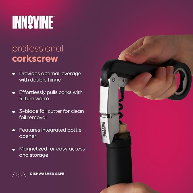 Innovine Red Wine Pro 4-Piece Wine Tool Gift Set – Adjustable Wine Aerator with Stand, Double-Hinged Corkscrew & Vacuum Wine Saver with Stopper – Complete Red Wine Opening, Aeration & Preservation Kit