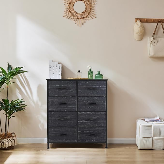 OLIXIS 8 Drawer Dresser TV Stand, Entertainment Center, Media Console Table with Metal Frame and Wood Top,Chest of Drawers for Bedroom, Living Room, Black Wood Grain