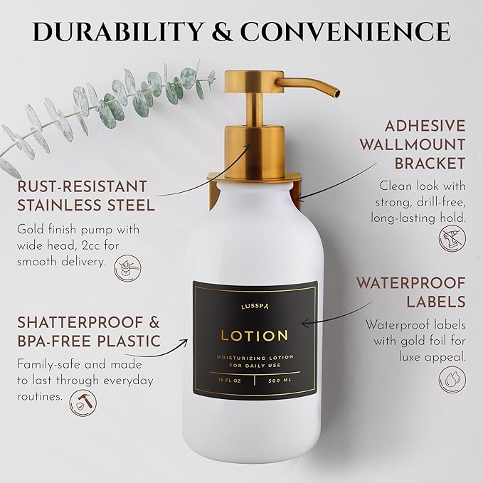 Shower Shampoo Dispenser Wall Mounted – Refillable 16.9 oz White Bottle with Stainless Steel Pump & No-Drill Adhesive Holder – Soap Dispenser for Bathroom (1 X White/Gold)